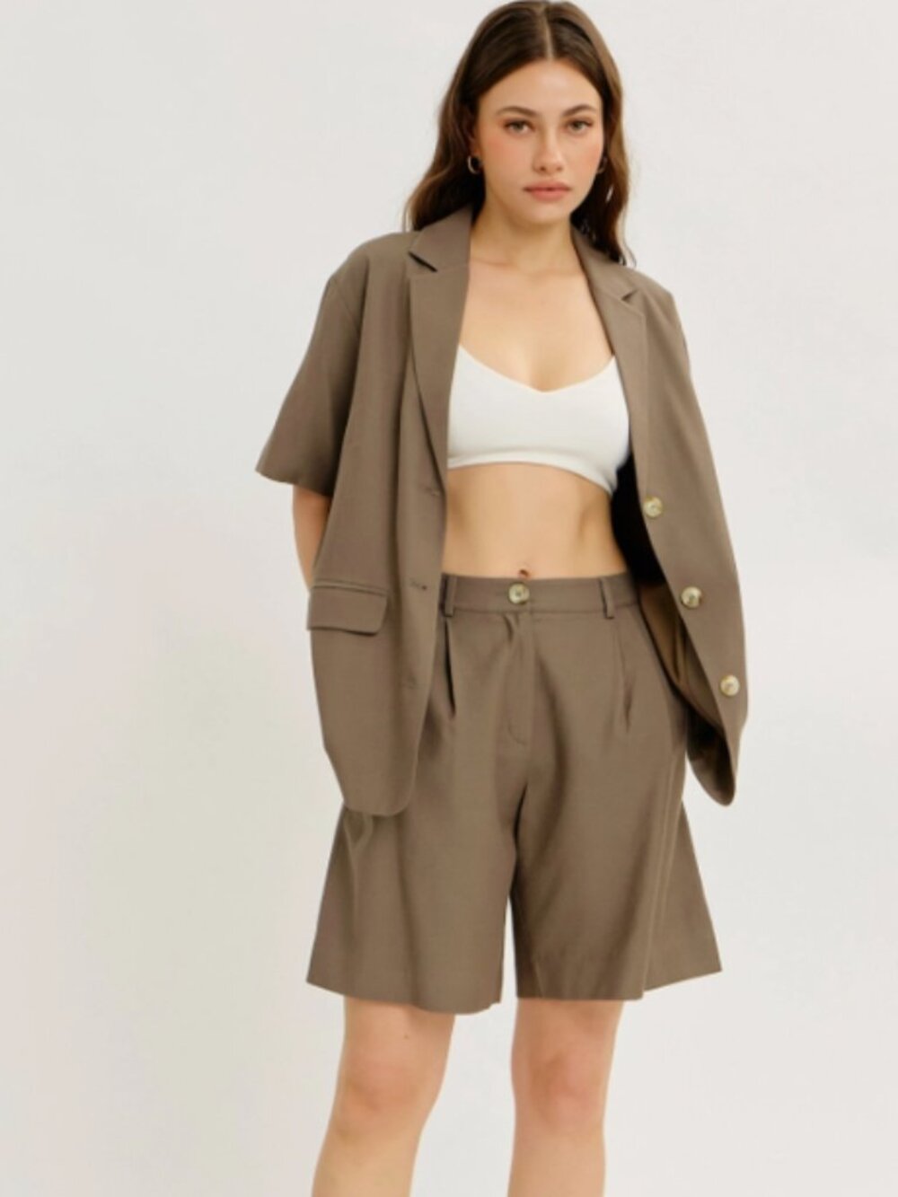 Taupe High Waist Pleated Tailored Bermuda Shorts NWT #D143